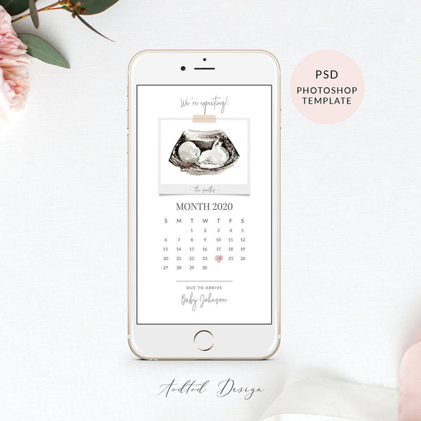 Pregnancy Announcement Due Date Calendar Template, Photoshop Template, Electronic Pregnancy Ann. , PSD, Instant Download #Y20-ENB1-PSD