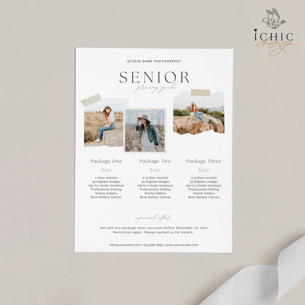 CANVA Senior Photography Pricing Template, Price Guide List for Photographers, Photography, Price Guide Template, Senior Minis #Y23-PG2-CANVA