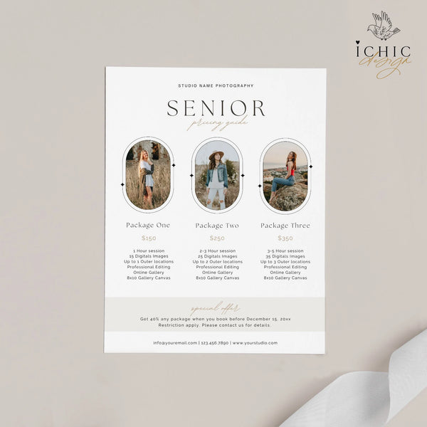 CANVA Senior Photography Pricing Template, Price Guide List for Photographers, Photography, Price Guide Template, Senior Minis #Y23-PG3-CANVA