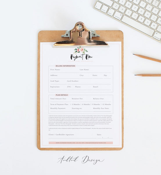 Photography Payment Plan Form Template, Photography Business Forms, Forms for Photographers, Photoshop, PSD, Instant Download #BF016-PSD