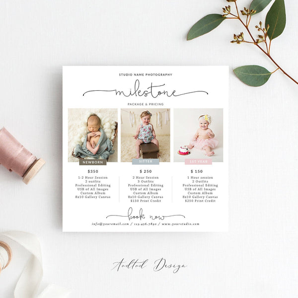 Baby Milestone Sessions Template, Price Guide List for Photographers, Price Guide Template, Baby Milestone Session, PSD #NM025-PSD