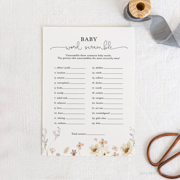 Online Wildflower Baby Word Scramble Game, Printable Minimalist Baby Word Puzzle, Baby Shower Game, PDF JPEG PNG #Y21-BB11A