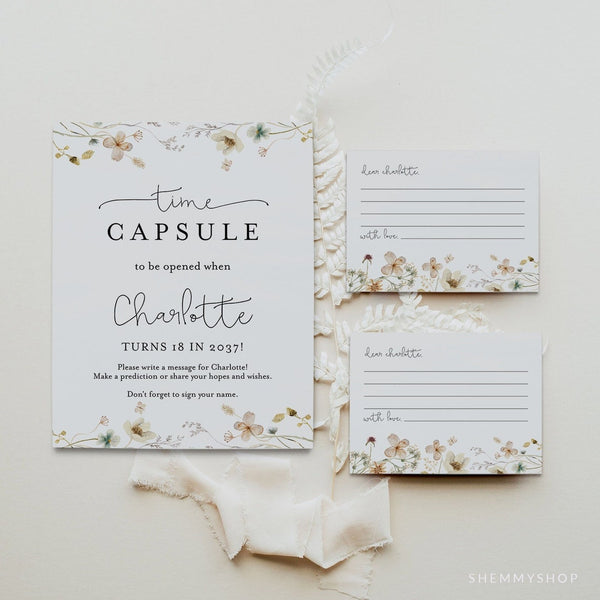 Online Wildflower Time Capsule Template, First Birthday Time Capsule Printable, Editable Sign, PDF JPEG PNG #Y21-BB26