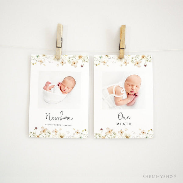 Online Wildflower First Year Photos, 1st Birthday Photo Banner, Monthly Photo Banner, Monthly Milestone Photo Cards, Floral, Girl #Y21-BB32