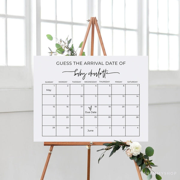 Online Minimal Baby Due Date Calendar Game, Baby Shower Game, Due Date Game, Guess Baby's Birth Date Poster PDF JPEG PNG #Y21-BB48