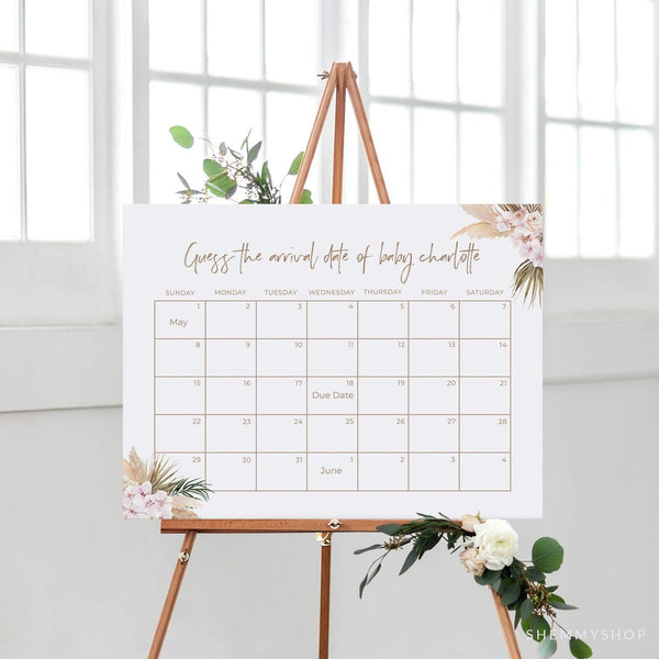 Online Boho Baby Due Date Calendar Game, Baby Shower Game, Nude Floral Due Date Game, Guess Baby's Birth Date Poster PDF JPEG PNG #Y21-BB53