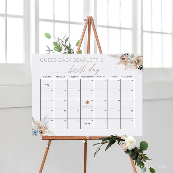 Online Boho Baby Due Date Calendar Game, Baby Shower Game, Nude Floral Due Date Game, Guess Baby's Birth Date Poster PDF JPEG PNG #Y21-BB75