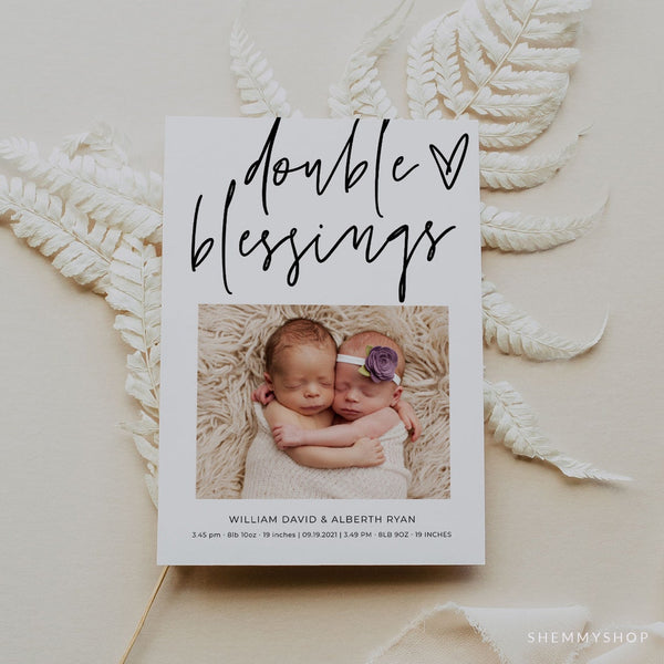 Online Twin Babies Birth Announcement, Baby Announcement Template, Photo Baby Announcement , Double Blessing Card PDF JPEG PNG #Y21-BB96