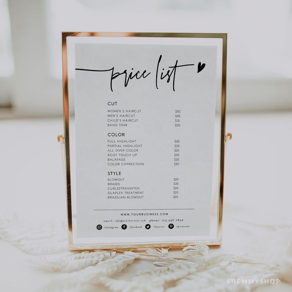 Online Minimalist Price List Template, Small Business Price List, Editable Price Sheet, Pricing List, Beauty Salon PDF JPEG PNG #Y21-HS1