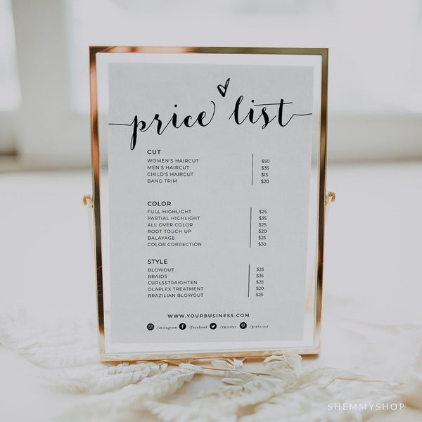Online Minimalist Price List Template, Small Business Price List, Editable Price Sheet, Pricing List, Beauty Salon PDF JPEG PNG #Y21-HS54