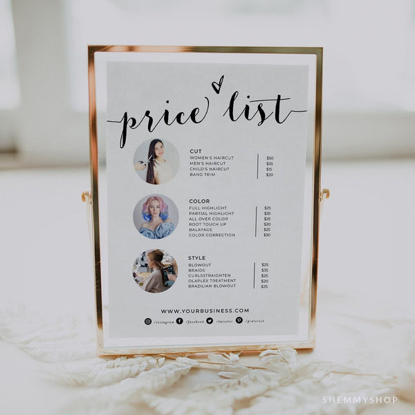 Online Minimalist Price List Template, Small Business Price List, Editable Price Sheet, Pricing List, Beauty Salon PDF JPEG PNG #Y21-HS55