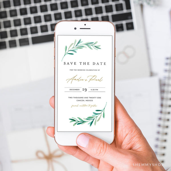 Online Greenery Save the Date Invitation Template, Photo Save The Date Invitation, Electronic Save Our Date, PDF JPEG PNG #Y21-SD11