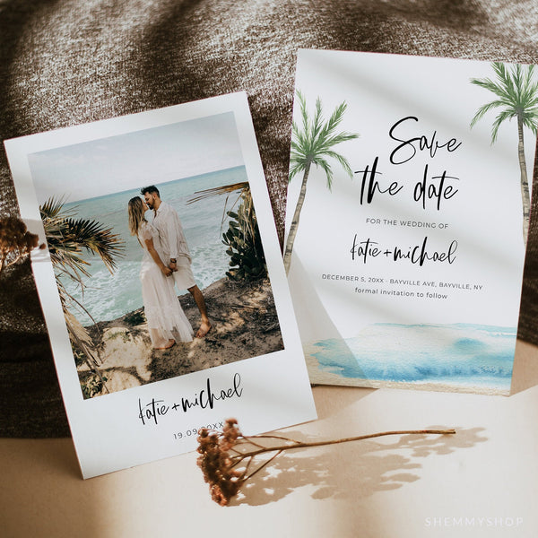 Online Palm Tree Save the Date Invitation Template, Photo Save The Date Invitation, Save Our Date Printable, PDF JPEG PNG #Y21-SD19
