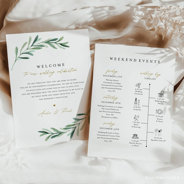 Online Greenery Welcome Letter & Itinerary Printable Template, Destination Welcome Card, Weekend Events, Welcome Bag, PDF JPG PNG #Y21-WB2