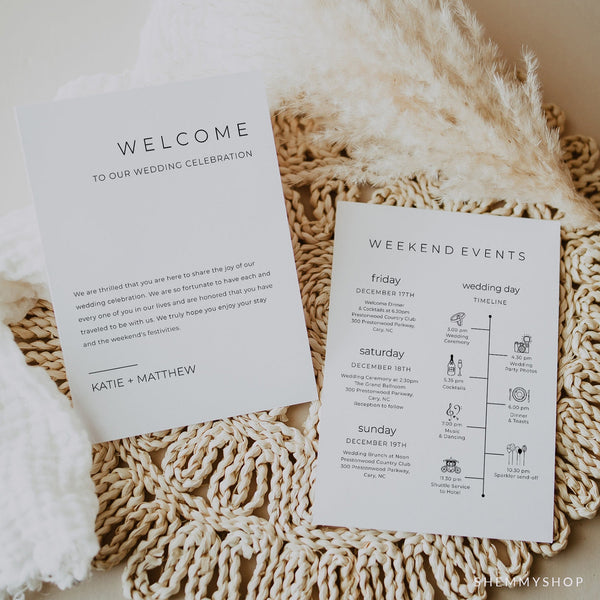 Online Modern Welcome Letter & Itinerary Printable Template, Destination Welcome Card, Weekend Events, Welcome Bag, PDF JPG PNG #Y21-WB5