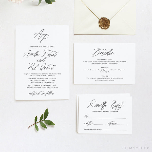 Online Script Wedding Invitation Set Template, Classic Calligraphy Wedding Invitation, Wedding Invitation Printable, PDF JPEG PNG #Y21-WIS1