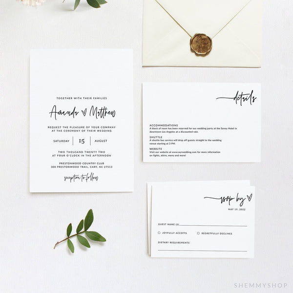 Online Minimalist Wedding Invitation Set Template, Classic Wedding Invitation, Wedding Invitation Printable, PDF JPEG PNG Corjl #Y21-WIS3