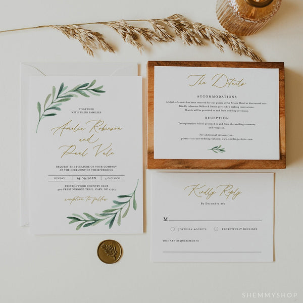 Online Greenery Wedding Invitation Set Template, Classic Wedding Invitation, Wedding Invitation Printable, PDF JPEG PNG Corjl #Y21-WIS6