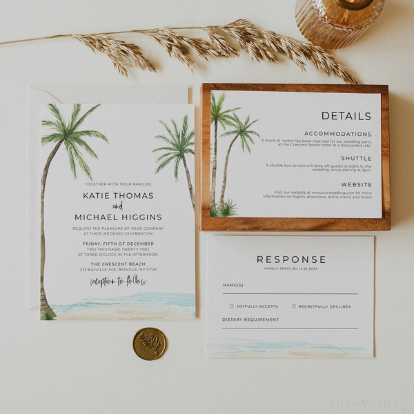 Online Palm Tree Wedding Invitation Set Template, Classic Wedding Invitation, Wedding Invitation Printable, PDF JPEG PNG Corjl #Y21-WIS9