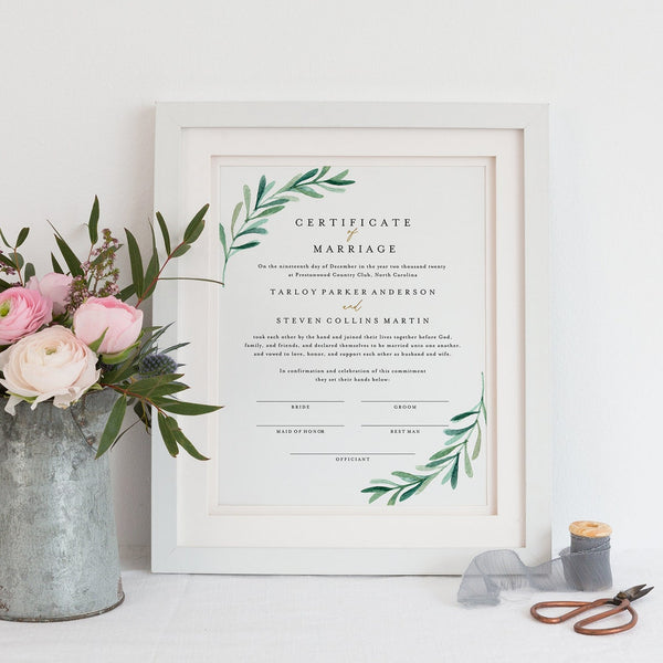 Online Greenery Marriage Certificate Template, Wedding Certificate, Certificate of Marriage, Wedding Keepsake, PDF JPEG PNG #Y21-WS46