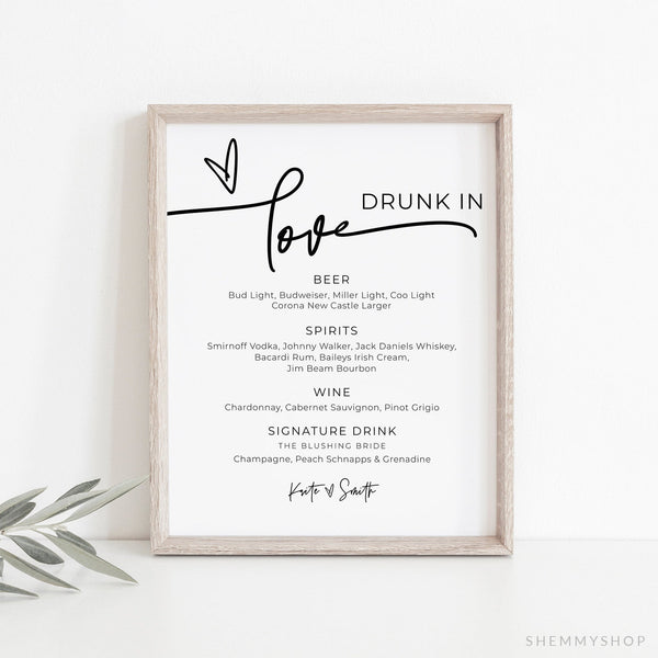 Online Minimalist Bar Menu Sign, Drunk in Love, Printable Alcohol Wedding Drink Menu, PDF JPEG PNG #Y21-WS81