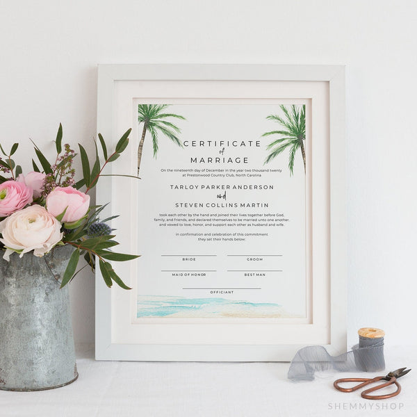 Online Plam Tree Marriage Certificate Template, Wedding Certificate, Certificate of Marriage, Wedding Keepsake, PDF JPEG PNG #Y21-WS92