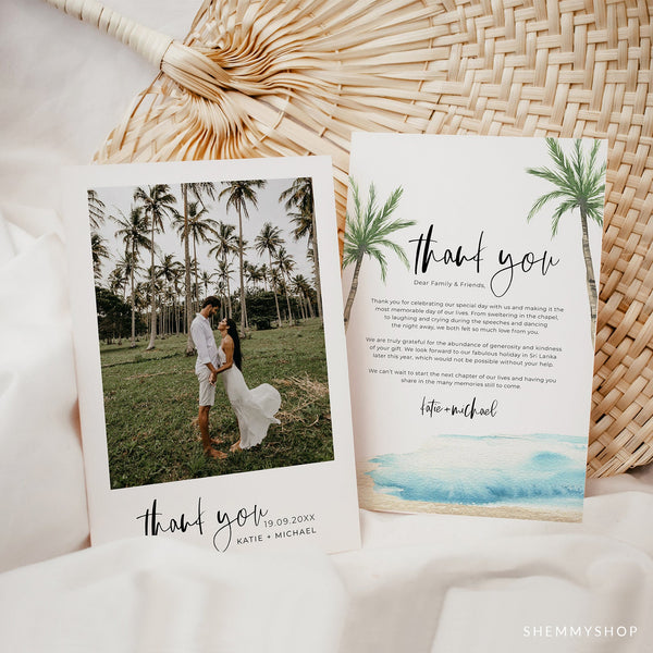 Online Palm Tree Wedding Photo Thank You Card Template, Thank You Card, Wedding Thank You, Custom Thank You Card, PDF JPEG PNG #Y21-WT10