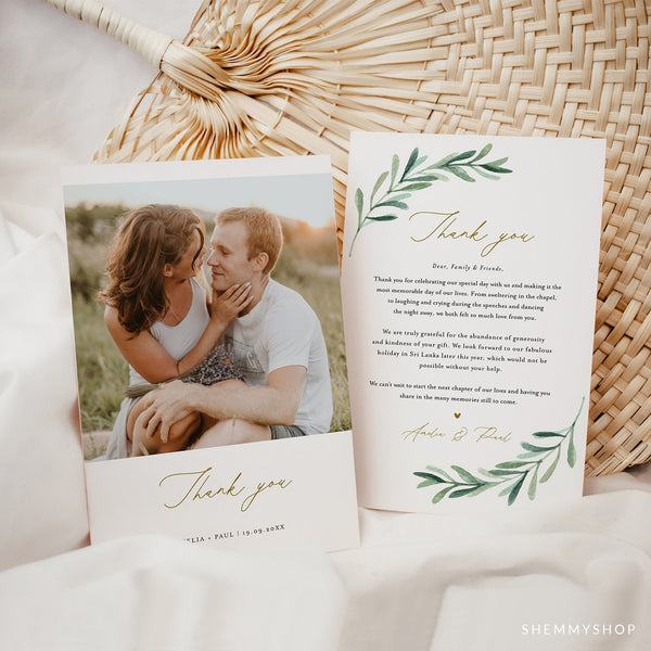 Online Greenery Wedding Photo Thank You Card Template, Thank You Card, Wedding Thank You, Custom Thank You Card, PDF JPEG PNG #Y21-WT3