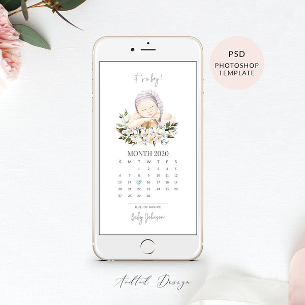 Baby Announcement Due Date Calendar Template, Photoshop Template, Electronic Pregnancy Ann. , PSD, Instant Download #Y20-ENB2-PSD