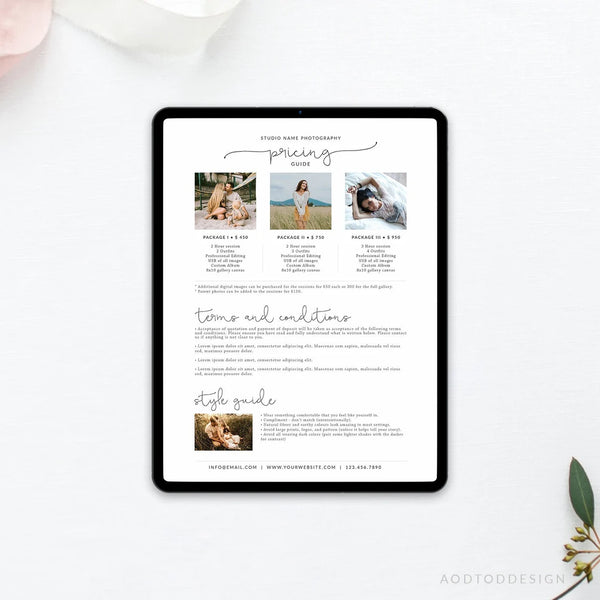 Photography Pricing Template, Price Guide List for Photographers, Photography, Price Guide Template,PSD #Y22-PG7-PSD