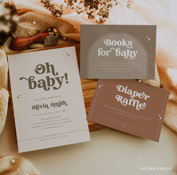 Online Retro Baby Shower Invitation Set Template, Books for Baby Diaper Raffle, Shower Invitation Suite PDF JPEG PNG #Y22-BB7