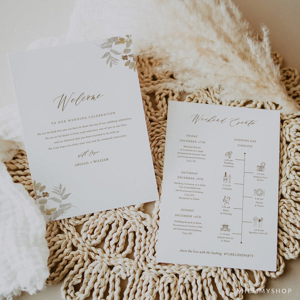 Online Elegant Gold Welcome Letter & Itinerary Template, Destination Welcome Card, Weekend Events, Welcome Bag, PDF JPG PNG #Y22-WB2