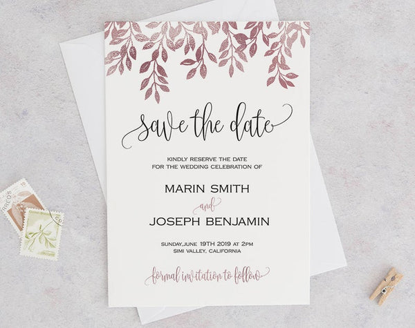 Rose Gold Save the Date Template, Blush Save the Date, Rustic Save the Date, Blush Wedding, Wedding Printable, Instant Download #SD007 (PDF)
