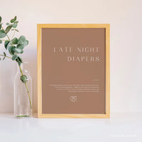 Online Minimalist Late Night Diapers Template Sign, Baby Shower Game, Retro Diaper Notes PDF JPEG PNG #Y22-BB30