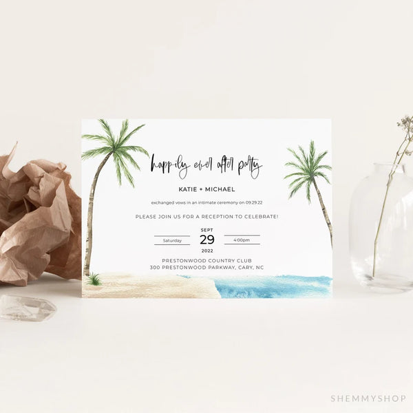 Online Palm Tree Happily Ever After Party Invitation Template, Reception Party Invitation, Modern Elopement Invite PDF JPEG PNG #Y22-HI1