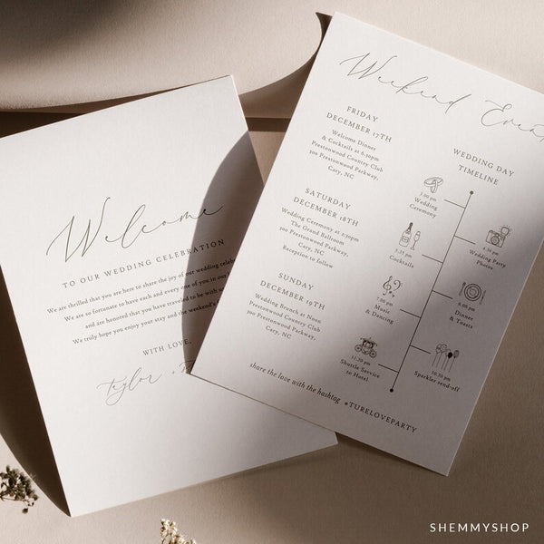 Online Romantic Calligraphy Welcome Letter & Itinerary Template, Destination Welcome Card, Weekend Events, Welcome Bag, PDF JPG PNG #Y22-WB3