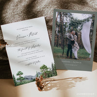 Online Evergreen Forest Wedding Invitation Set Template, Classic Wedding Invitation, Wedding Invitation, PDF JPEG PNG Corjl #Y22-WIS4
