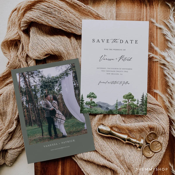 Online Evergreen Forest Save the Date Invitation Template, Photo Save The Date Invitation, Save Our Date Printable, PDF JPEG PNG #Y22-SD4