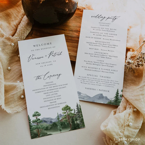 Online Evergreen Forest Wedding Program Template, Printable Program Template, Wedding Printable, Wedding Online Template, #Y22-WP5