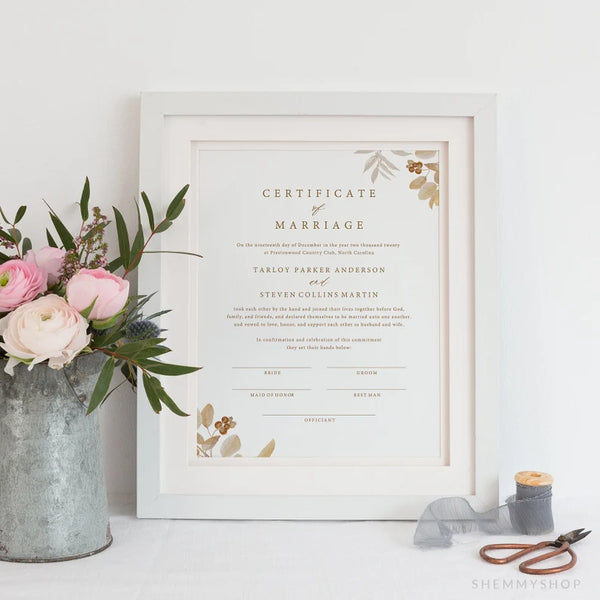 Online Elegant Gold Marriage Certificate Template, Wedding Certificate, Certificate of Marriage, Wedding Keepsake, PDF JPEG PNG #Y22-WS33