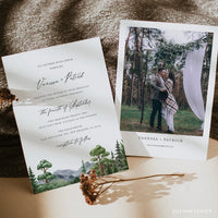 Online Evergreen Forest Wedding Invitation Set Template, Classic Wedding Invitation, Wedding Invitation, PDF JPEG PNG Corjl #Y22-WIS4
