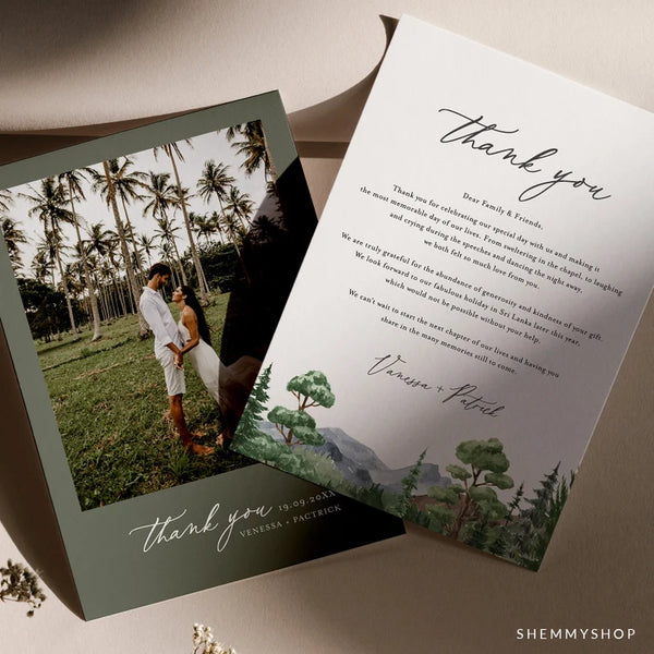 Online Evergreen Forest Wedding Photo Thank You Card Template, Thank You Card, Wedding Thank You, Custom Thank You Card, #Y22-WT4
