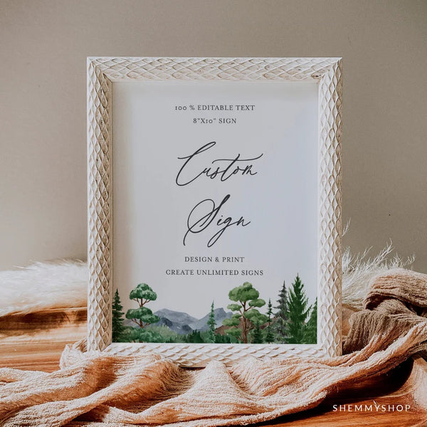 Online Evergreen Forest Custom Sign Template, Wedding Table Top Sign, Bridal Shower Signage, Create Any Sign, Sign, Corjl, #Y22-WS35