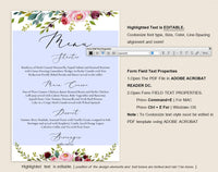 Wedding Menu Printable Template, Printable Menu, Menu Template, Dinner Menu Printable, PDF Instant Download #WM009 (PDF)