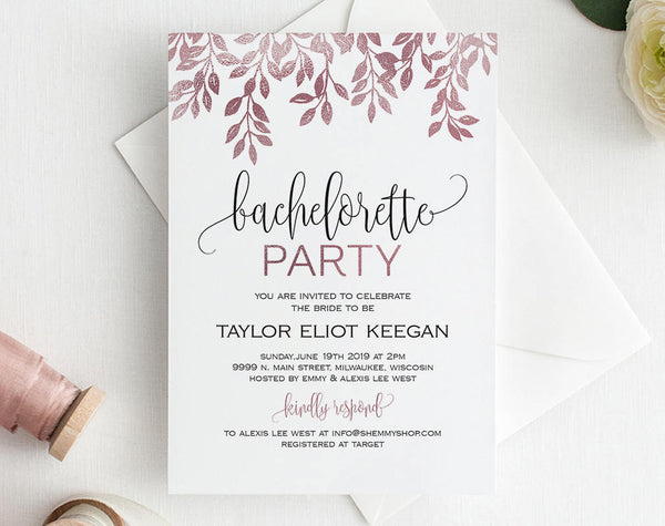 Rose Gold Bachelorette Party Invite, Bachelorette Party Invitation, Bachelorette Printable Template, PDF Instant Download #BPI002 (PDF)