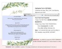 Greenery Wedding Menu Printable Template, Printable Menu, Menu Template, Dinner Menu Printable, PDF Instant Download #WM003 (PDF)