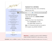 Gold Wedding Menu Printable Template, Printable Menu, Menu Template, Dinner Menu Printable Template, PDF Instant Download #WM015 (PDF)