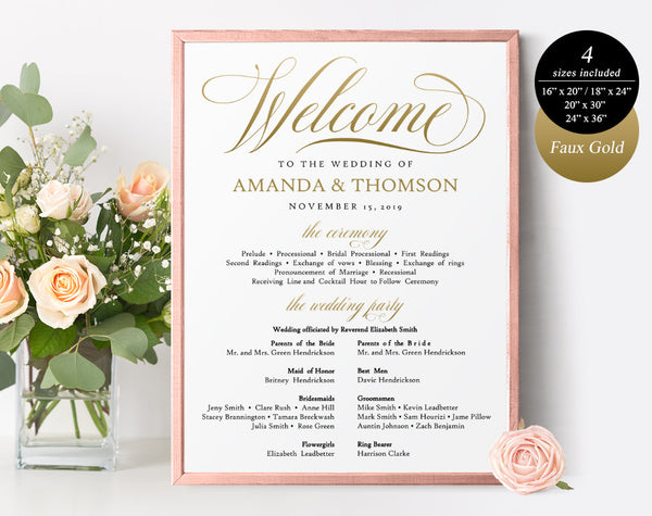 Gold Welcome Wedding Sign, Welcome Wedding Printable, Welcome Sign Printable, Template, PDF Instant Download #WC003 (PDF)