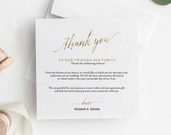 Gold Wedding Thank You Cards Template, Printable Thank You Card Template, Editable Thank You Card, Thank You Note Template #TT013 (PDF)