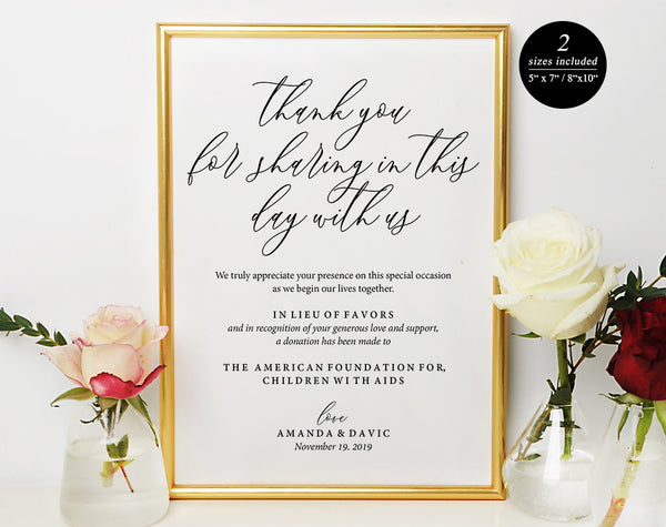 In lieu of wedding favors Sign, Wedding Donation Sign, Charity Printable, Thank you donation printable, PDF Instant Download #WS019 (PDF)